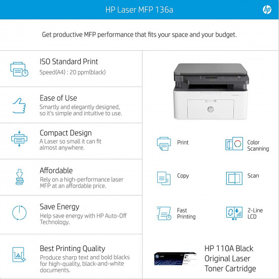 HP Laserjet 136a Laser Monochrome Print, Scan, Copy with USB Connectivity, Compact Design, Fast Printing HP Laserjet 136a Laser Monochrome Print, Scan, Copy with USB Connectivity, Compact Design, Fast Printing