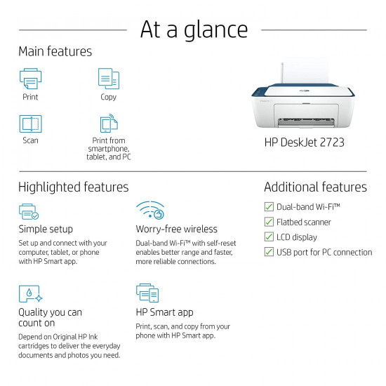 HP Deskjet 2723 WiFi Colour Printer, Scanner and Copier for Home/Small Office, Dual-Band Wi-Fi, Voice Activated Printing HP Deskjet 2723 WiFi Colour Printer, Scanner and Copier for Home/Small Office, Dual-Band Wi-Fi, Voice Activated Printing