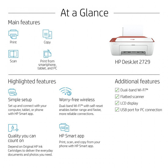 HP Deskjet 2729 WiFi Colour Printer, Scanner and Copier for Home/Small Office, Dual-Band Wi-Fi, Voice Activated Printing HP Deskjet 2729 WiFi Colour Printer, Scanner and Copier for Home/Small Office, Dual-Band Wi-Fi, Voice Activated Printing