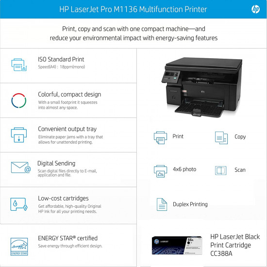 HP Laserjet Pro M1136 Printer, Print, Copy, Scan, Compact Design, Reliable, and Fast Printing HP Laserjet Pro M1136 Printer, Print, Copy, Scan, Compact Design, Reliable, and Fast Printing
