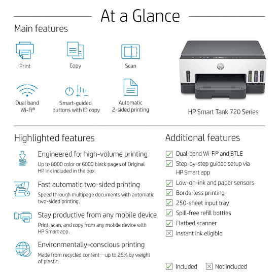 HP 720 WiFi Duplex Printer with Smart-Guided Button, Print, Scan, Copy and Wireless HP 720 WiFi Duplex Printer with Smart-Guided Button, Print, Scan, Copy and Wireless