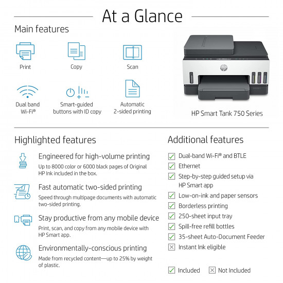 HP Smart 750 WiFi Duplex Printer with Smart-Guided Button, Print, Scan, Copy, Wireless and ADF