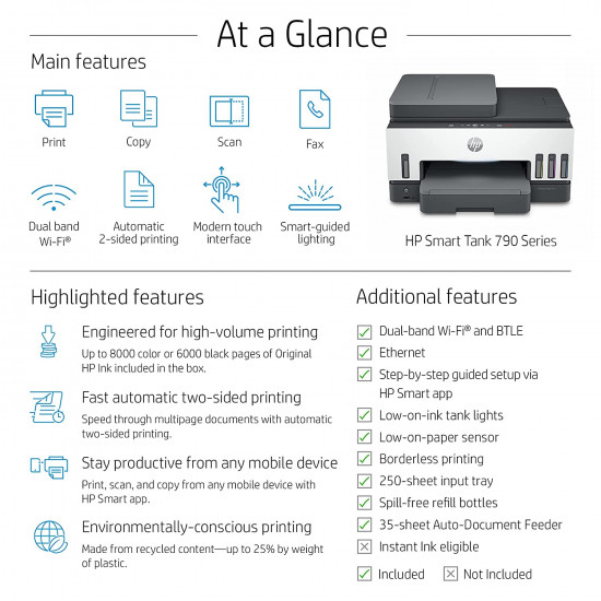 HP Smart Tank 790 WiFi Duplex Hi-Capacity Tank Printer with Magic Touch Panel with ADF HP Smart Tank 790 WiFi Duplex Hi-Capacity Tank Printer with Magic Touch Panel with ADF