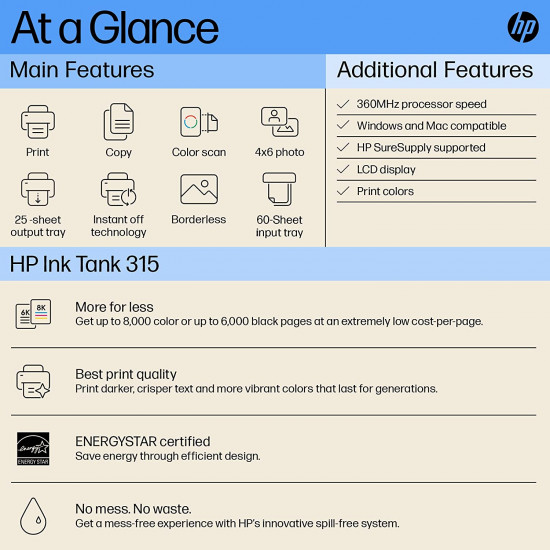 HP Ink Tank 315 Colour Printer, High Capacity Tank (6000 Black and 8000 Colour Pages)