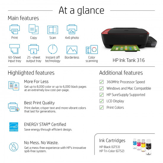 HP Ink Tank 316 Colour Printer, Scanner and Copier for Home/Office, High Capacity Tank HP Ink Tank 316 Colour Printer, Scanner and Copier for Home/Office, High Capacity Tank