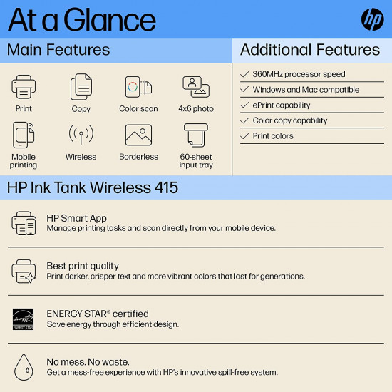 HP Ink Tank 415 Wi-Fi Color Printer, Scanner & Copier with High Capacity Tank for Home/Office HP Ink Tank 415 Wi-Fi Color Printer, Scanner & Copier with High Capacity Tank for Home/Office