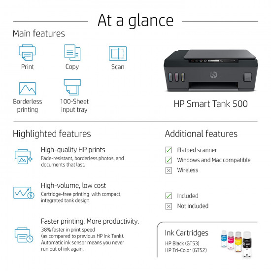 HP Smart Tank 500 Colour Printer, Scanner and Copier for Home/Office with Automatic Ink Sensor HP Smart Tank 500 Colour Printer, Scanner and Copier for Home/Office with Automatic Ink Sensor