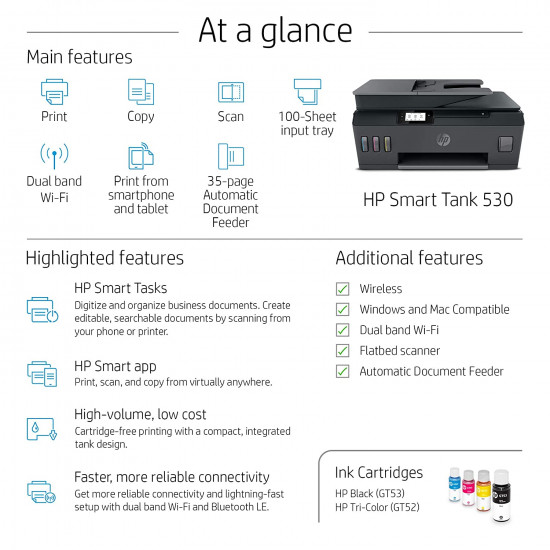 HP Ink Tank 530 Color Printer, Scanner, & Copier with High Capacity Tank for Home/Office HP Ink Tank 530 Color Printer, Scanner, & Copier with High Capacity Tank for Home/Office